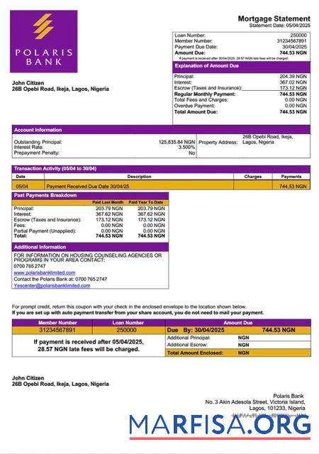 Realistic Nigeria Polaris Bank mortgage statement Word and PDF template